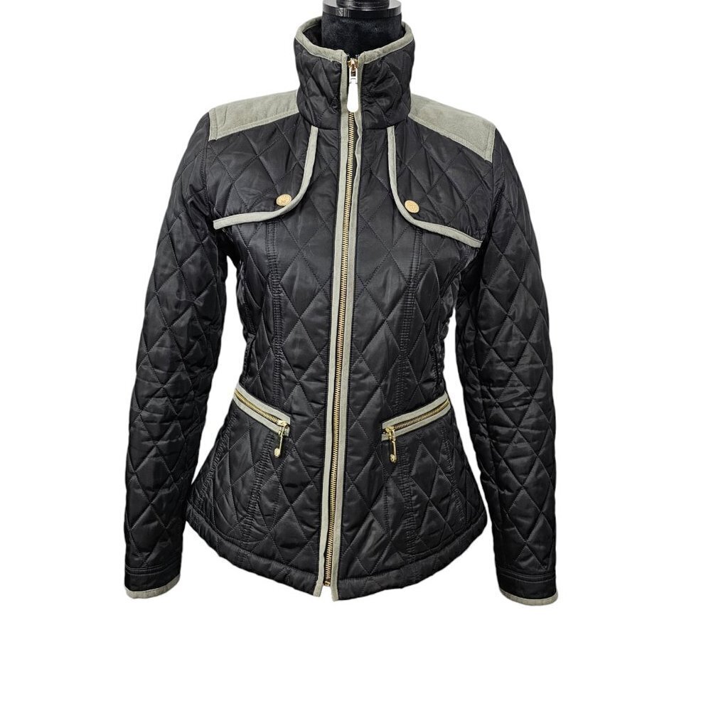 VINCE CAMUTO Quilted Faux Suede Trim Black Field Equestrian Jacket